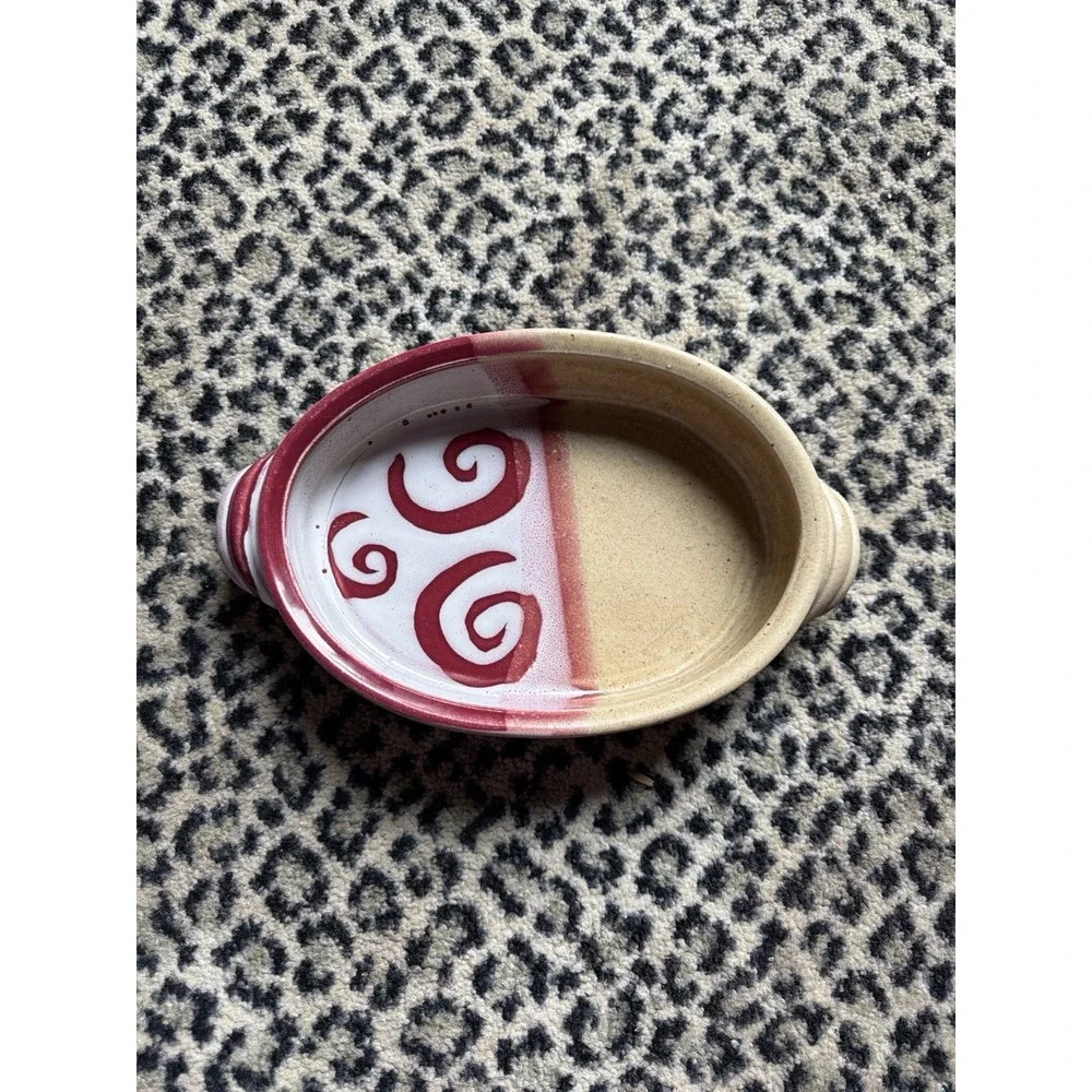 Studio Pottery Covered Casserole Base Dish Pink Swirl Oval Baker No Lid‎ VTG